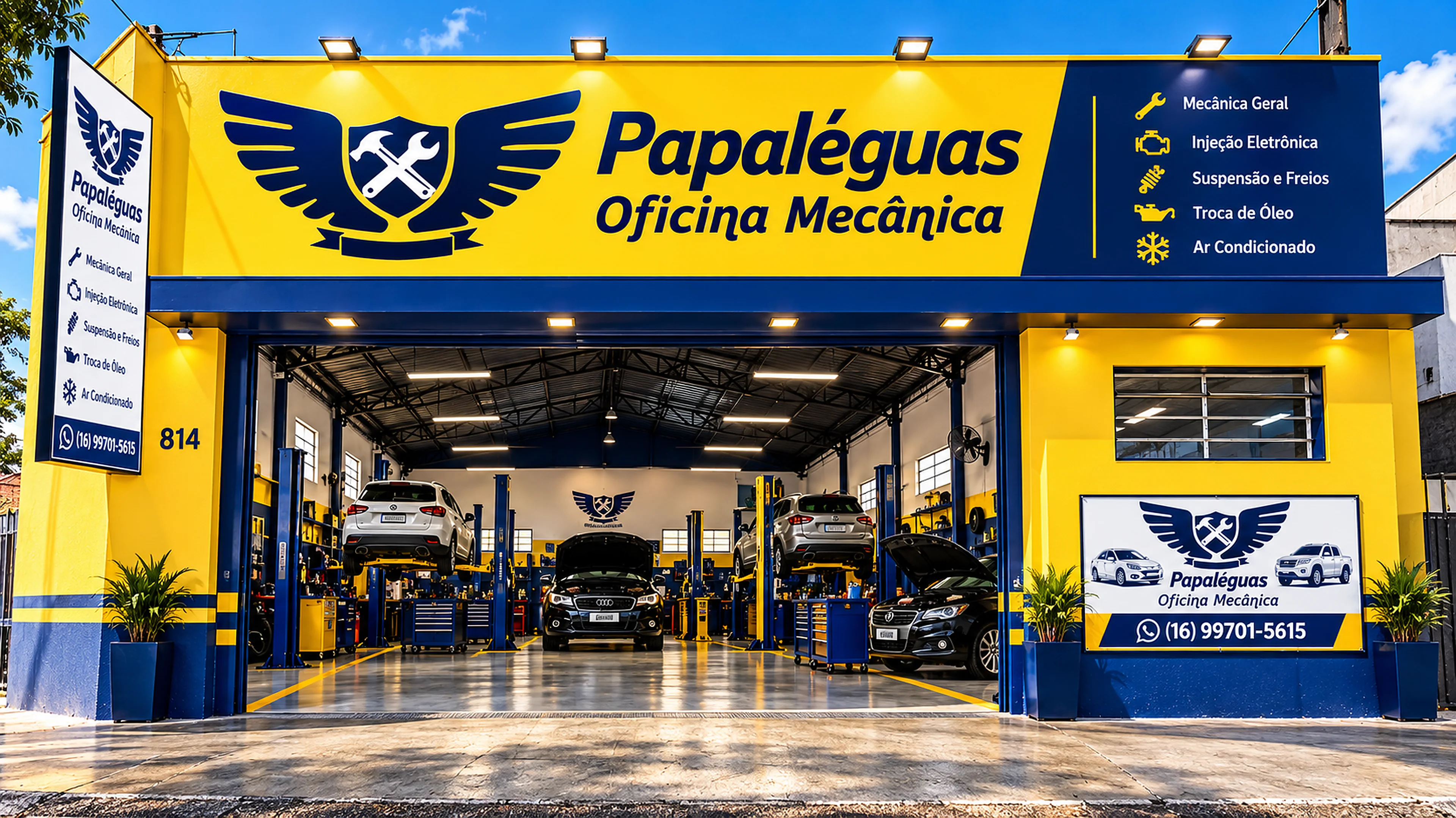 Visual em alta resolução da fachada da Papaléguas Oficina Mecânica em São Carlos